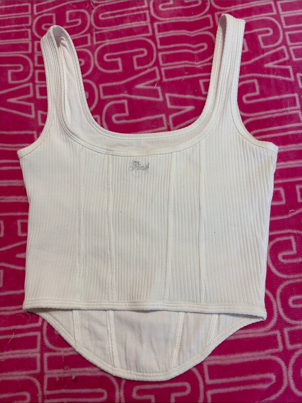 PINK Victoria's Secret White Ribbed Scoop Tank with Curved Hem